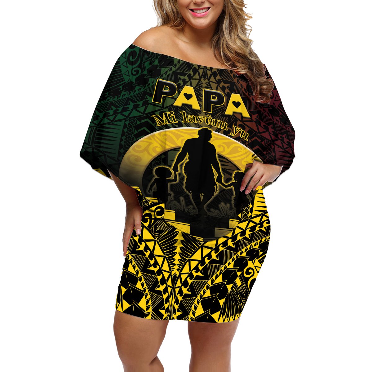 Personalised Vanuatu Happy Father's Day Off Shoulder Short Dress Mi Lavem Yu Papa Polynesian Tribal LT05 Women Reggae - Polynesian Pride