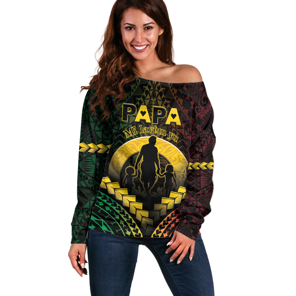 Personalised Vanuatu Happy Father's Day Off Shoulder Sweater Mi Lavem Yu Papa Polynesian Tribal