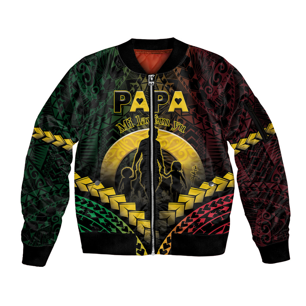 Personalised Vanuatu Happy Father's Day Sleeve Zip Bomber Jacket Mi Lavem Yu Papa Polynesian Tribal