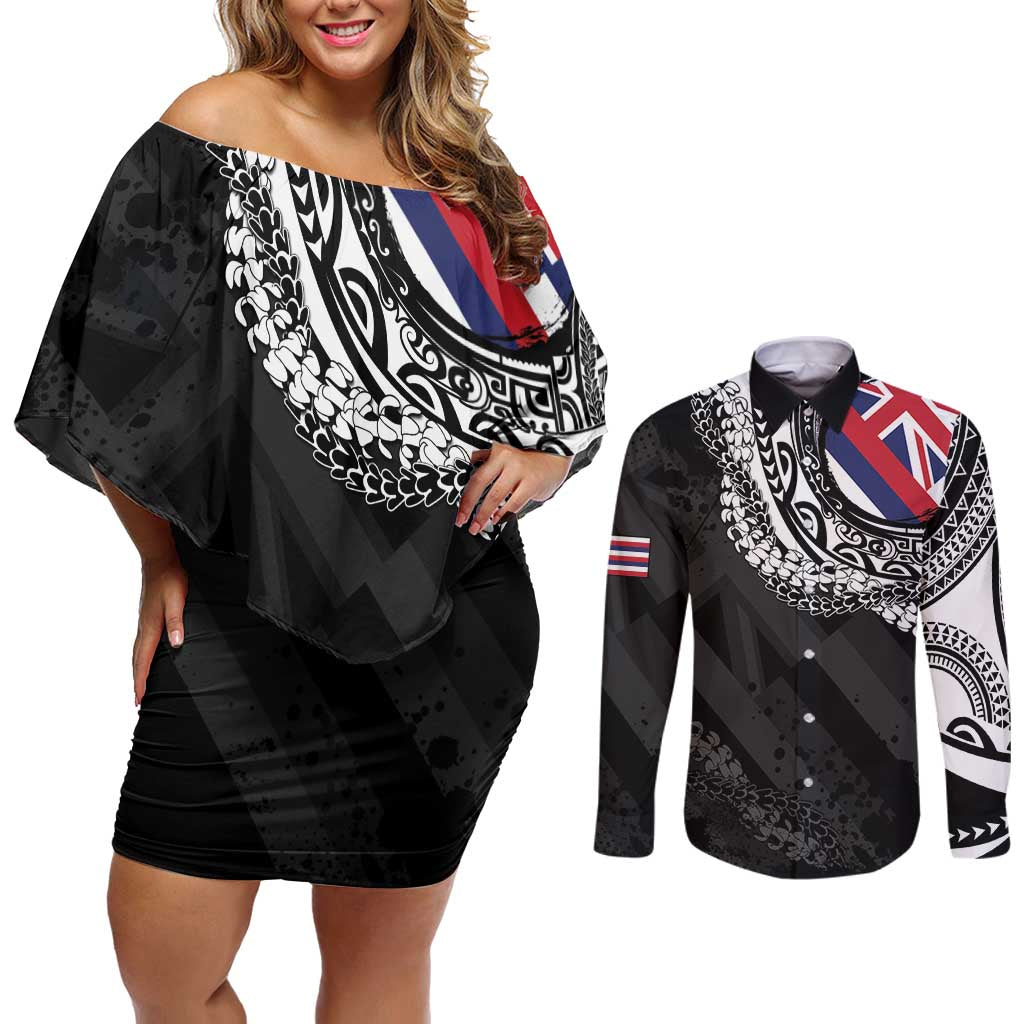 Hawaii Flag Day Couples Matching Off Shoulder Short Dress and Long Sleeve Button Shirt Hawaiian Maile Lei LT05 Black - Polynesian Pride