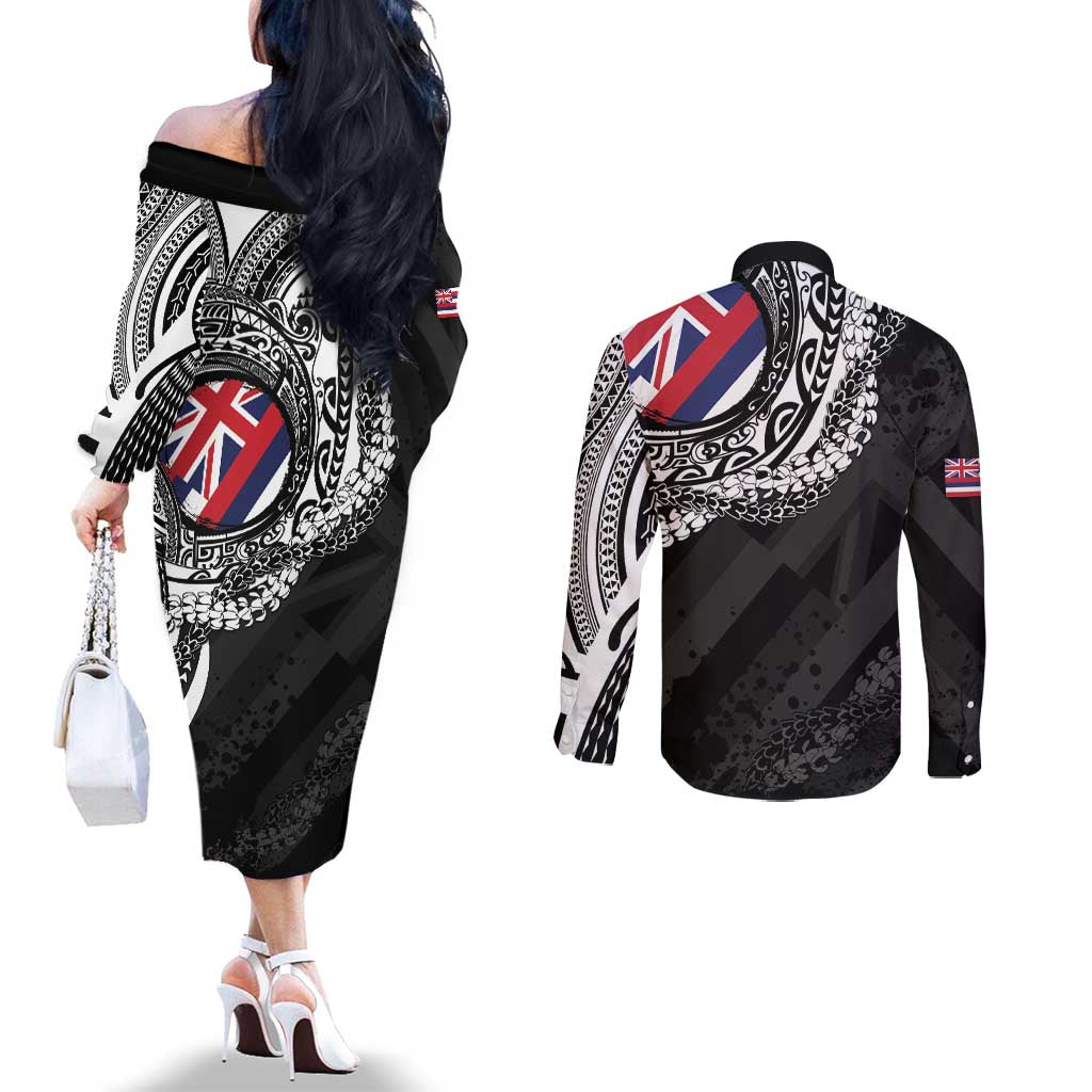 Hawaii Flag Day Couples Matching Off The Shoulder Long Sleeve Dress and Long Sleeve Button Shirt Hawaiian Maile Lei LT05 - Polynesian Pride