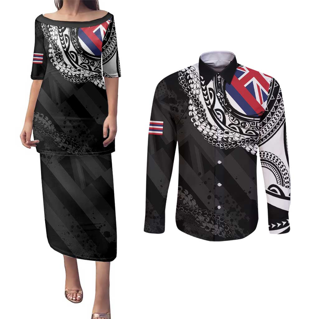 Hawaii Flag Day Couples Matching Puletasi and Long Sleeve Button Shirt Hawaiian Maile Lei LT05 Black - Polynesian Pride