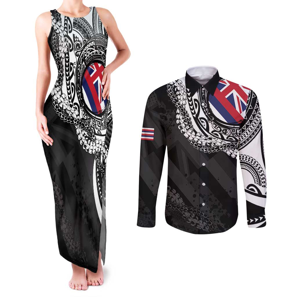 Hawaii Flag Day Couples Matching Tank Maxi Dress and Long Sleeve Button Shirt Hawaiian Maile Lei LT05 Black - Polynesian Pride