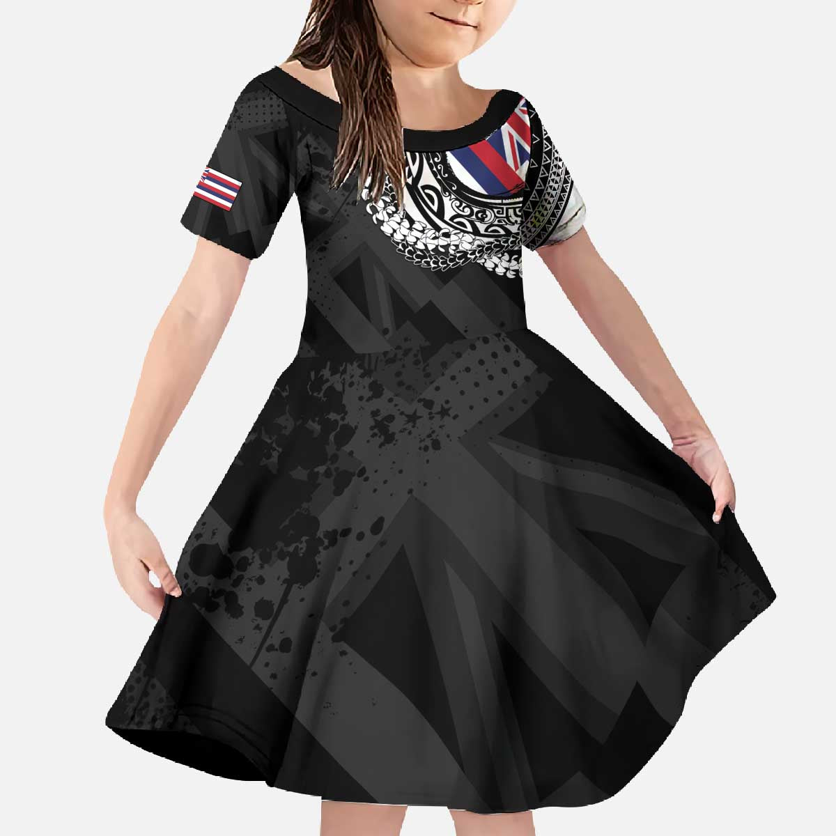 Hawaii Flag Day Family Matching Off The Shoulder Long Sleeve Dress and Hawaiian Shirt Hawaiian Maile Lei