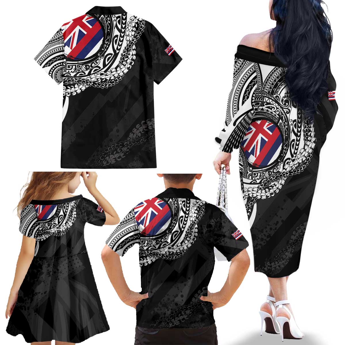 Hawaii Flag Day Family Matching Off The Shoulder Long Sleeve Dress and Hawaiian Shirt Hawaiian Maile Lei