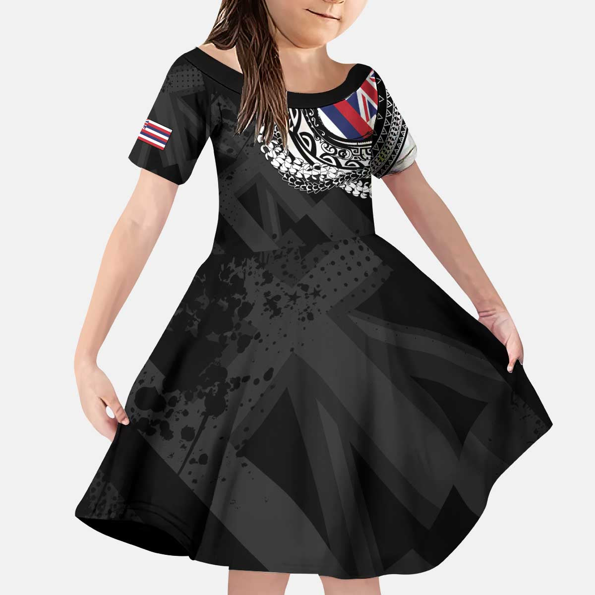 Hawaii Flag Day Kid Short Sleeve Dress Hawaiian Maile Lei LT05 KID Black - Polynesian Pride