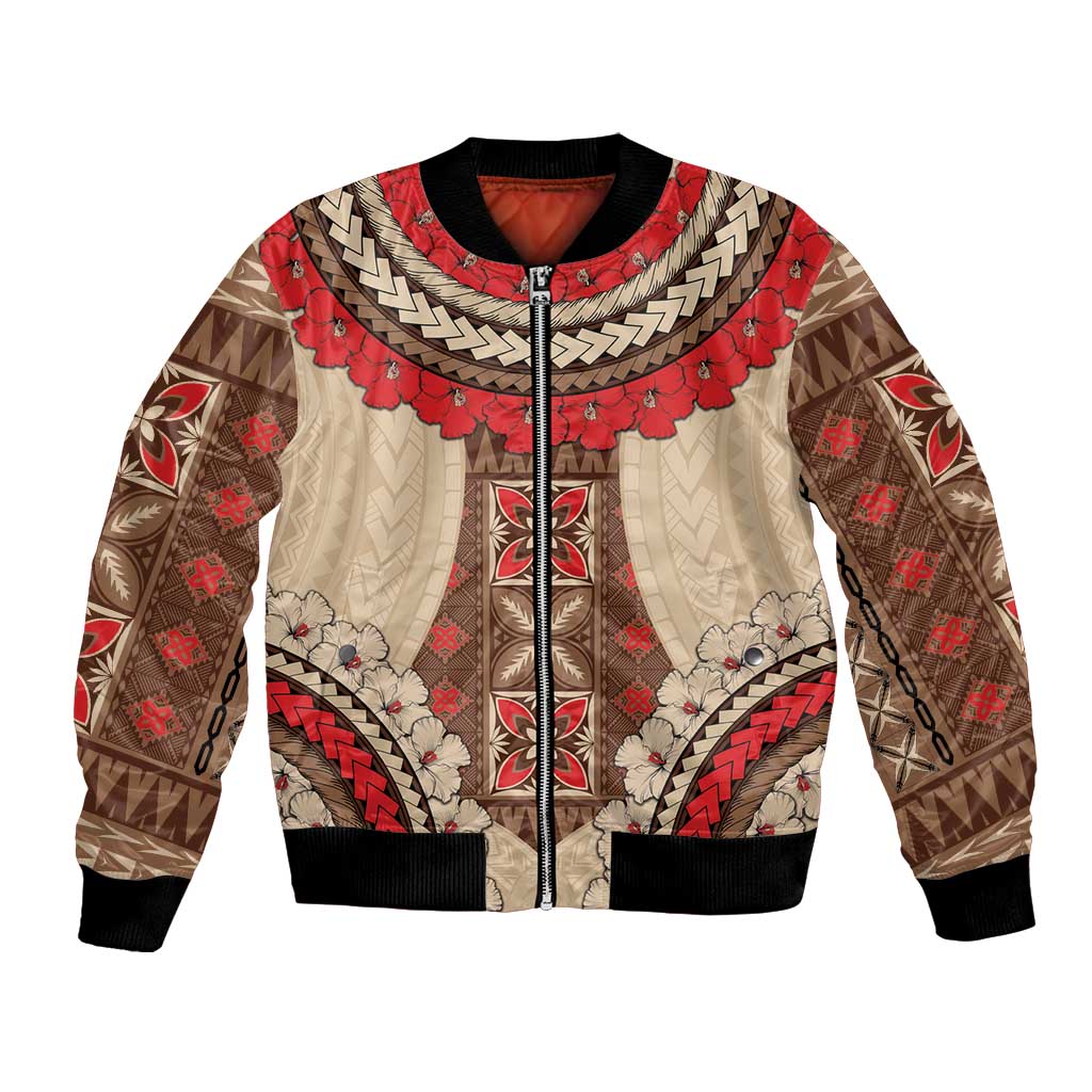 Samoa Language Week Bomber Jacket Samoan Motif With Red Hibiscus