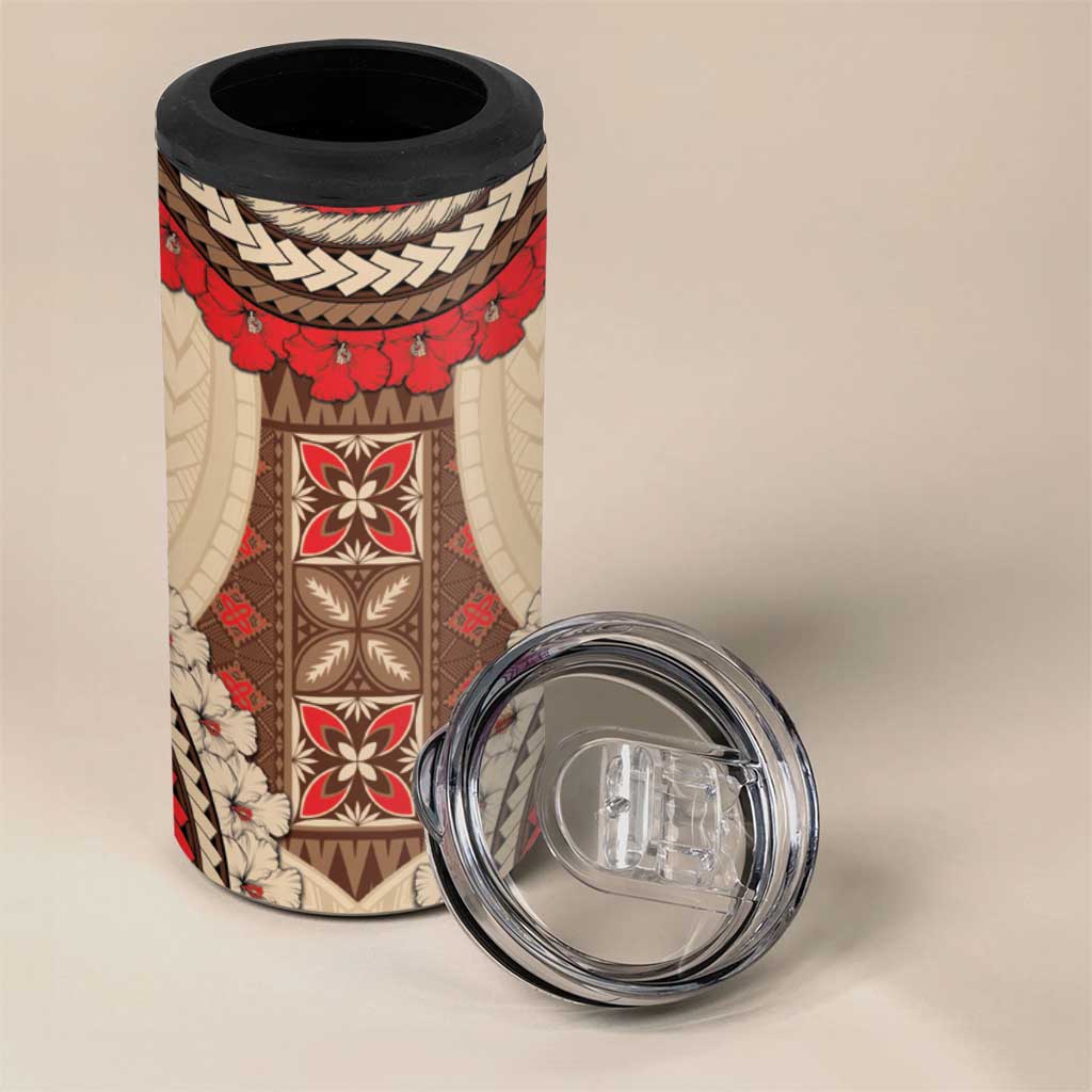 Samoa Language Week 4 in 1 Can Cooler Tumbler Samoan Motif With Red Hibiscus