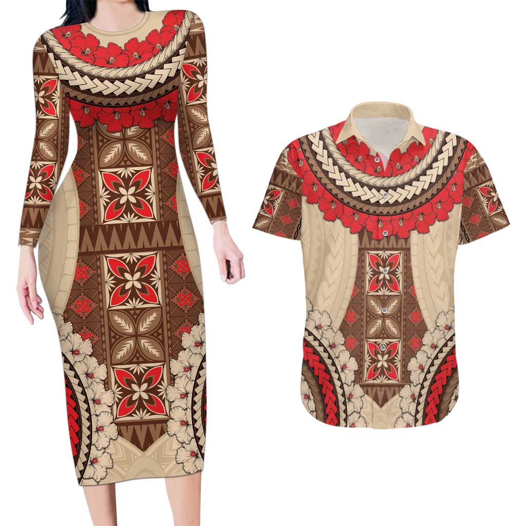 Samoa Language Week Couples Matching Long Sleeve Bodycon Dress and Hawaiian Shirt Samoan Motif With Red Hibiscus