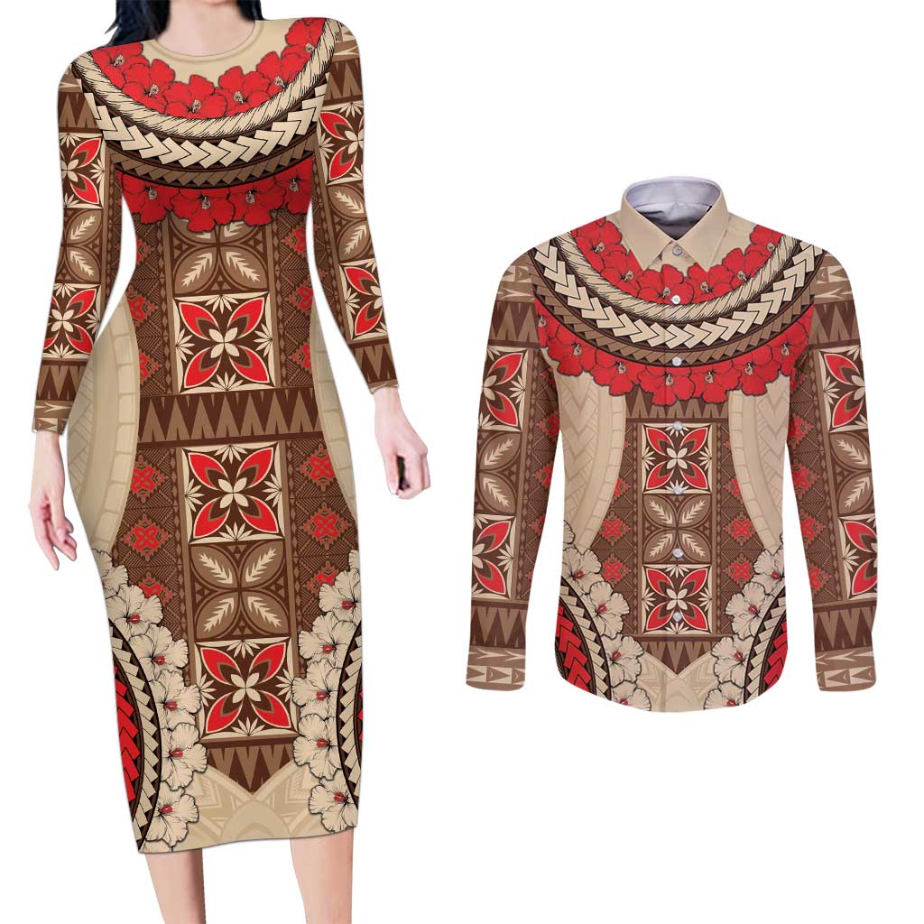 Samoa Language Week Couples Matching Long Sleeve Bodycon Dress and Long Sleeve Button Shirt Samoan Motif With Red Hibiscus