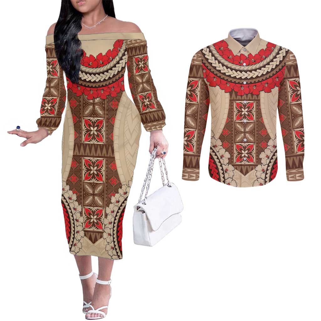 Samoa Language Week Couples Matching Off The Shoulder Long Sleeve Dress and Long Sleeve Button Shirt Samoan Motif With Red Hibiscus