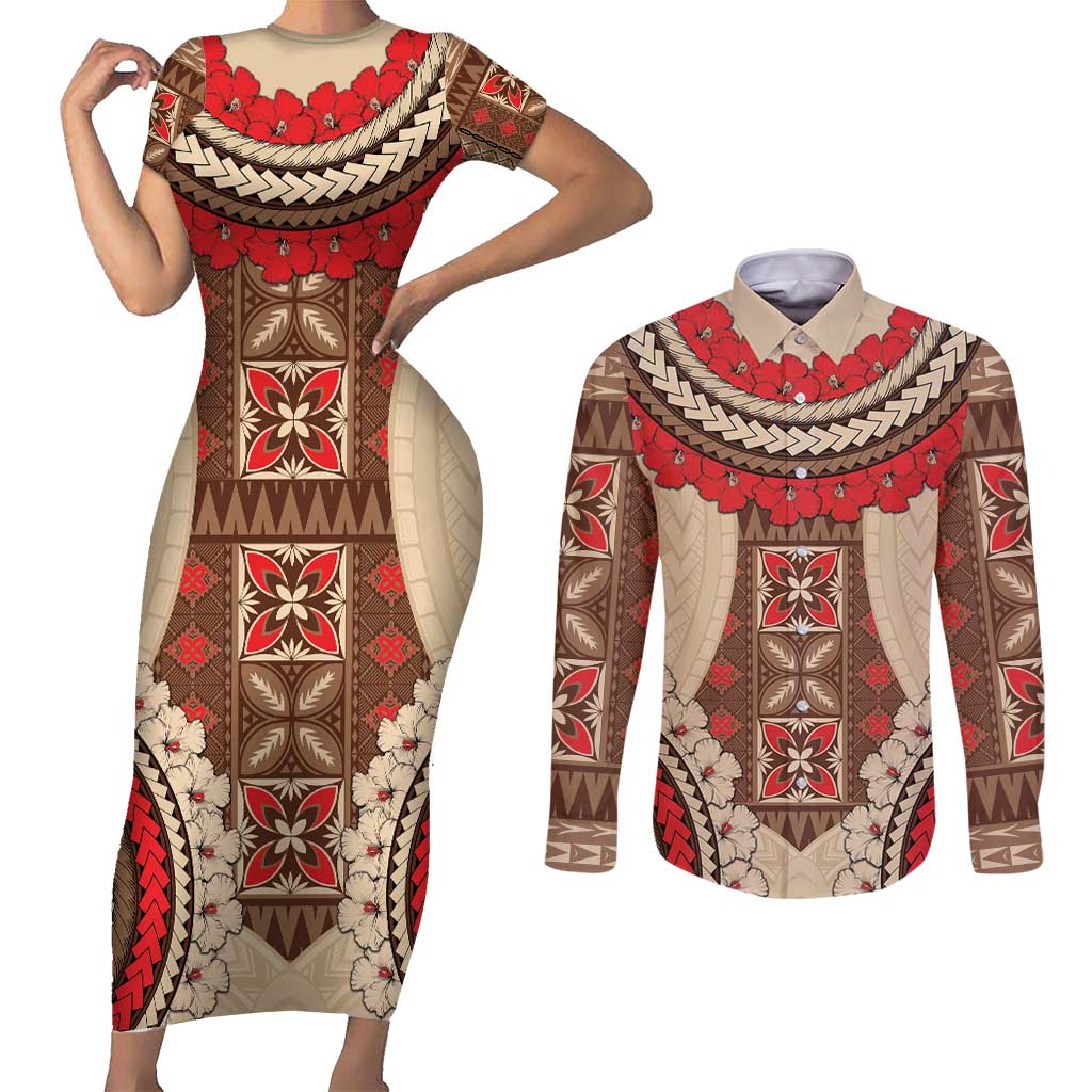 Samoa Language Week Couples Matching Short Sleeve Bodycon Dress and Long Sleeve Button Shirt Samoan Motif With Red Hibiscus