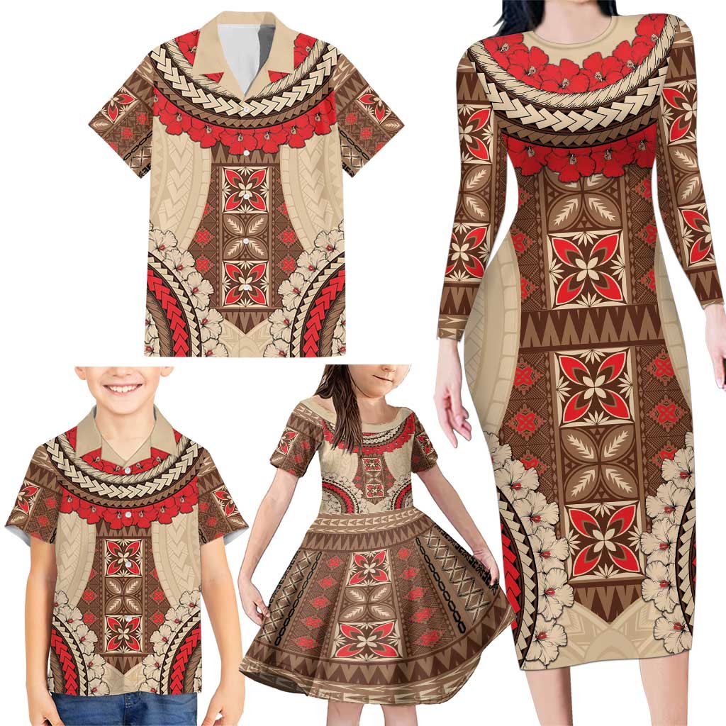 Samoa Language Week Family Matching Long Sleeve Bodycon Dress and Hawaiian Shirt Samoan Motif With Red Hibiscus