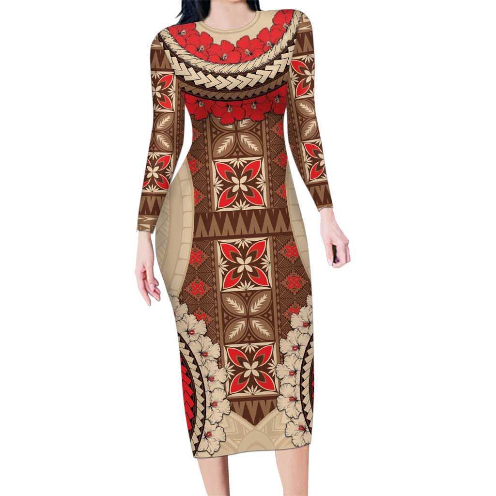 Samoa Language Week Family Matching Long Sleeve Bodycon Dress and Hawaiian Shirt Samoan Motif With Red Hibiscus