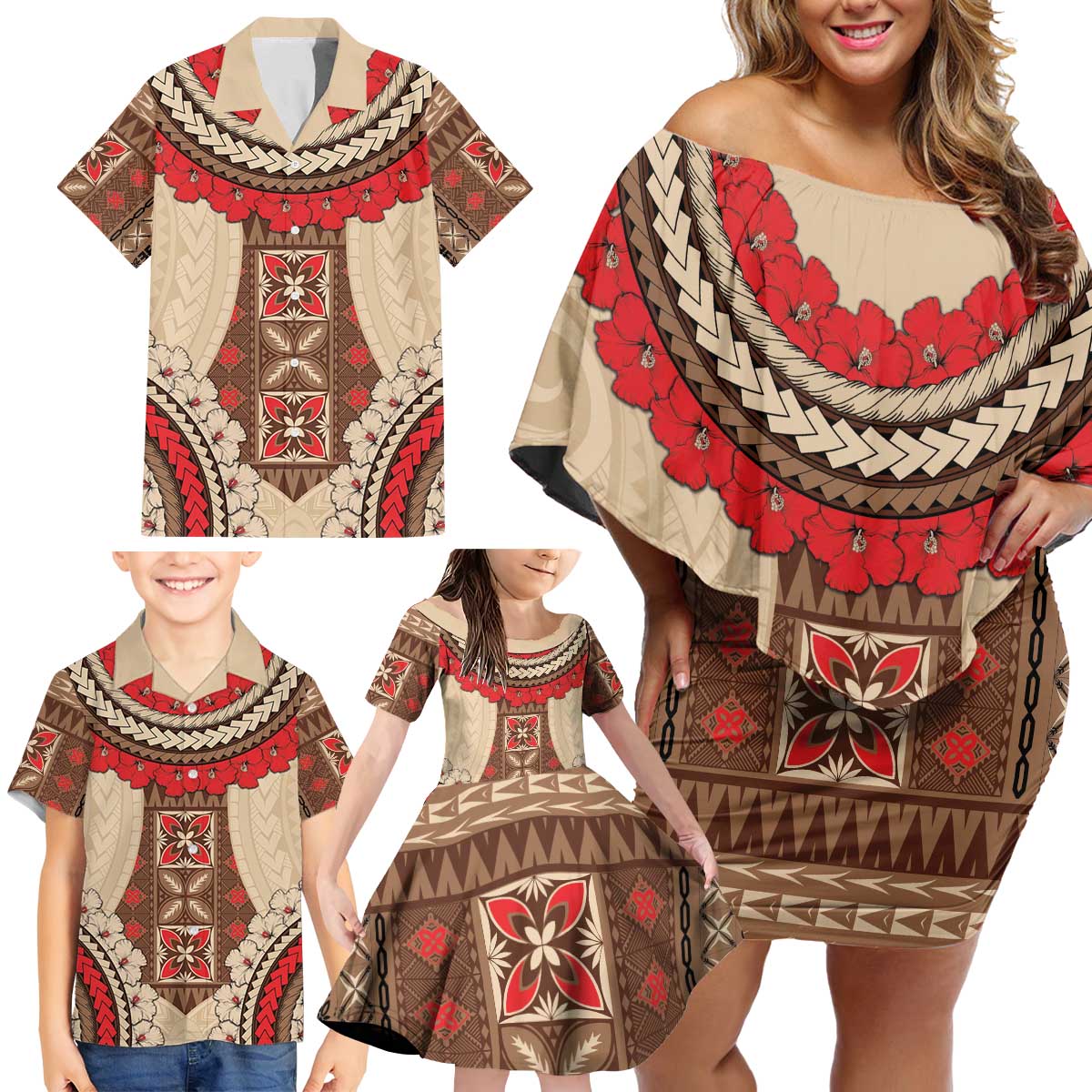 Samoa Language Week Family Matching Off Shoulder Short Dress and Hawaiian Shirt Samoan Motif With Red Hibiscus