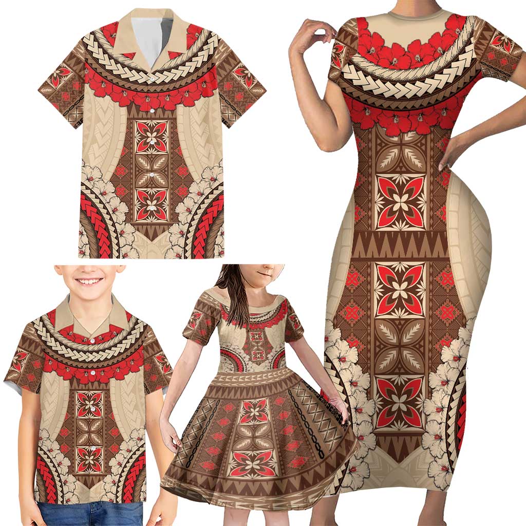 Samoa Language Week Family Matching Short Sleeve Bodycon Dress and Hawaiian Shirt Samoan Motif With Red Hibiscus