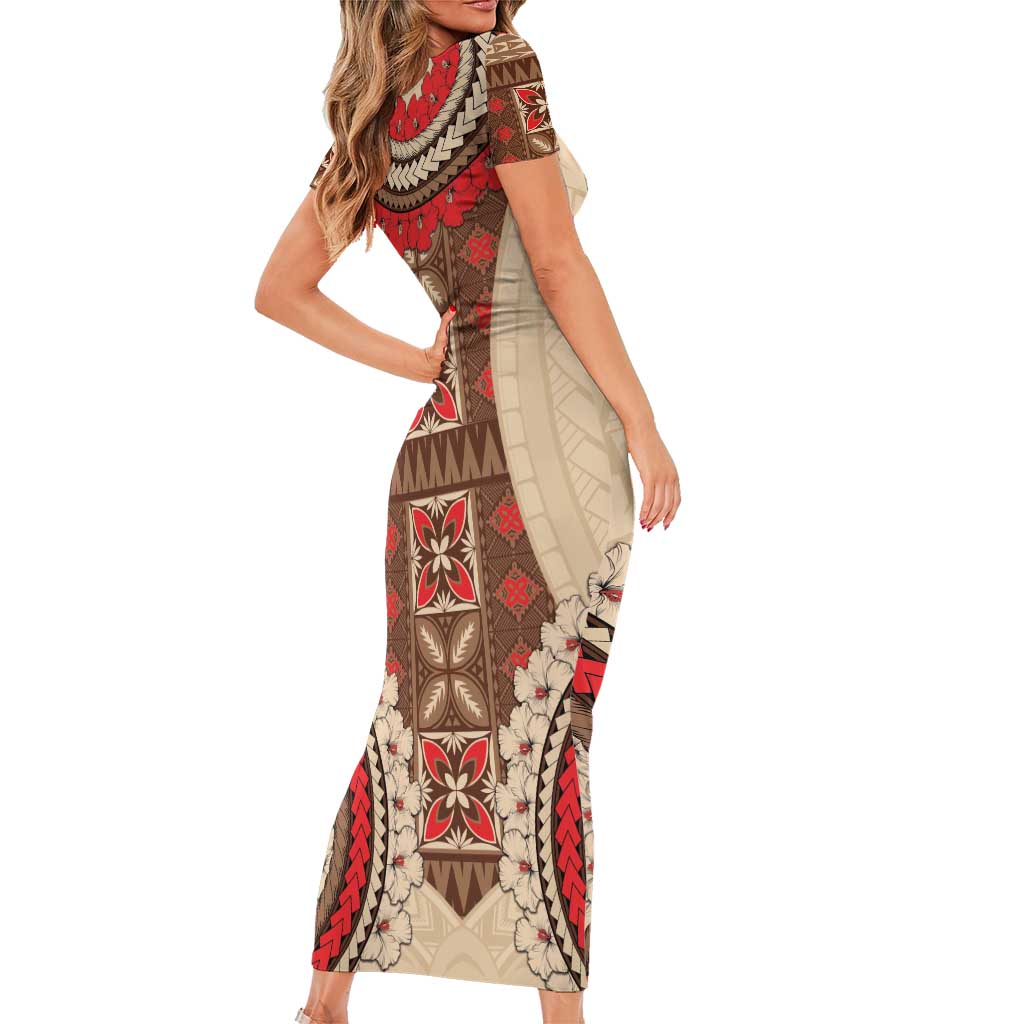 Samoa Language Week Family Matching Short Sleeve Bodycon Dress and Hawaiian Shirt Samoan Motif With Red Hibiscus