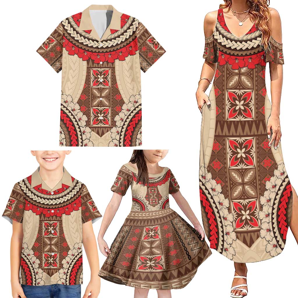 Samoa Language Week Family Matching Summer Maxi Dress and Hawaiian Shirt Samoan Motif With Red Hibiscus