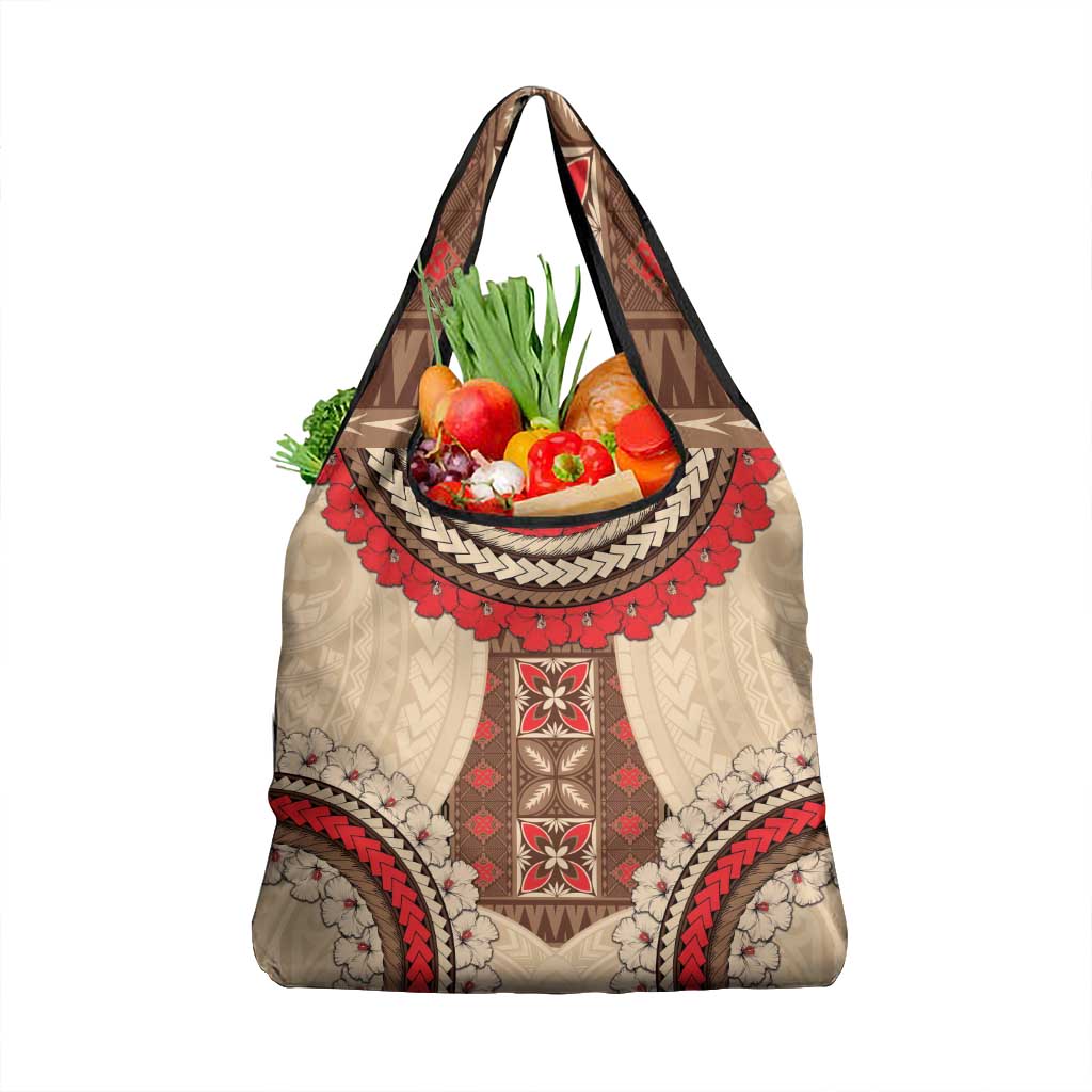 Samoa Language Week Grocery Bag Samoan Motif With Red Hibiscus LT05 1-pack One Size Beige - Polynesian Pride
