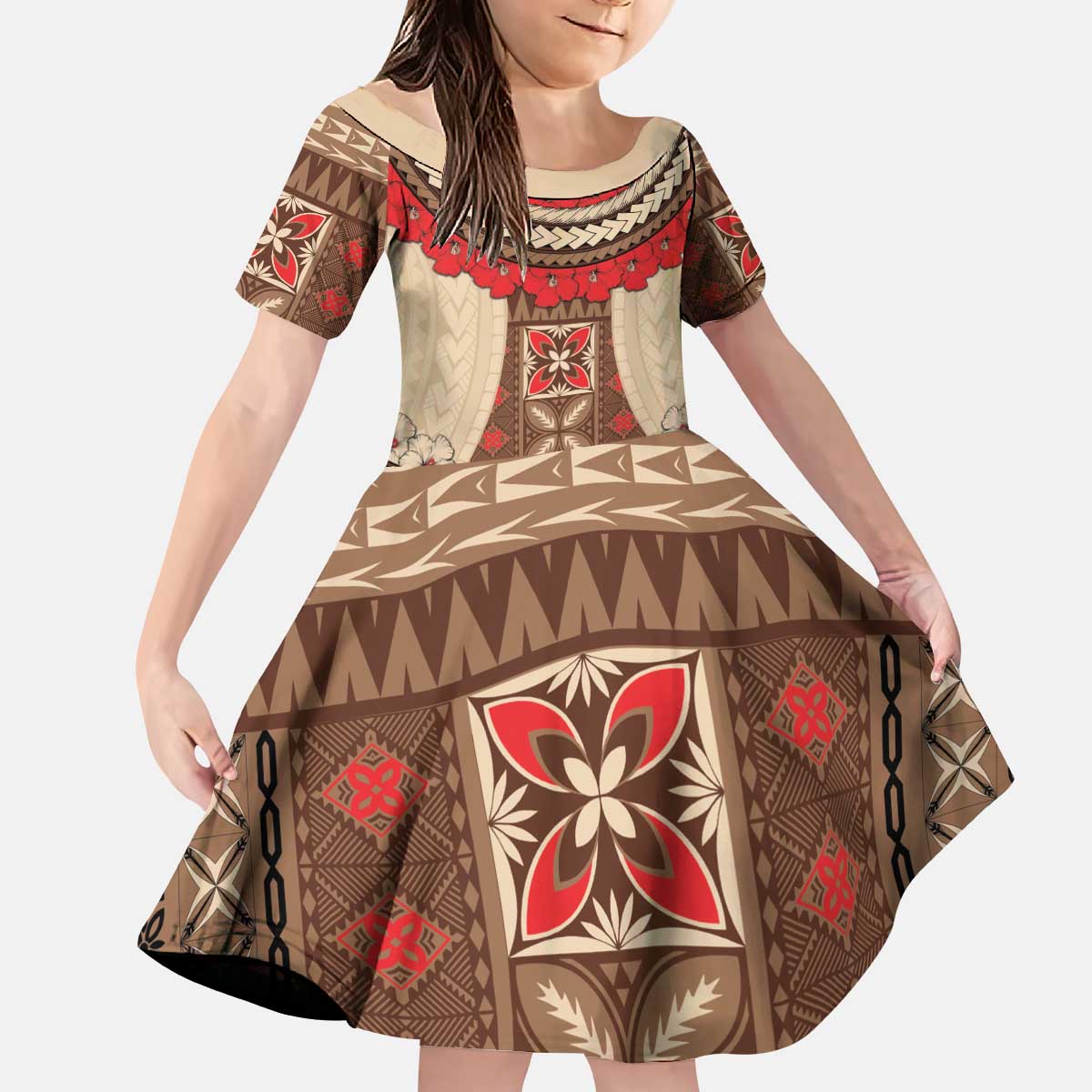 Samoa Language Week Kid Short Sleeve Dress Samoan Motif With Red Hibiscus