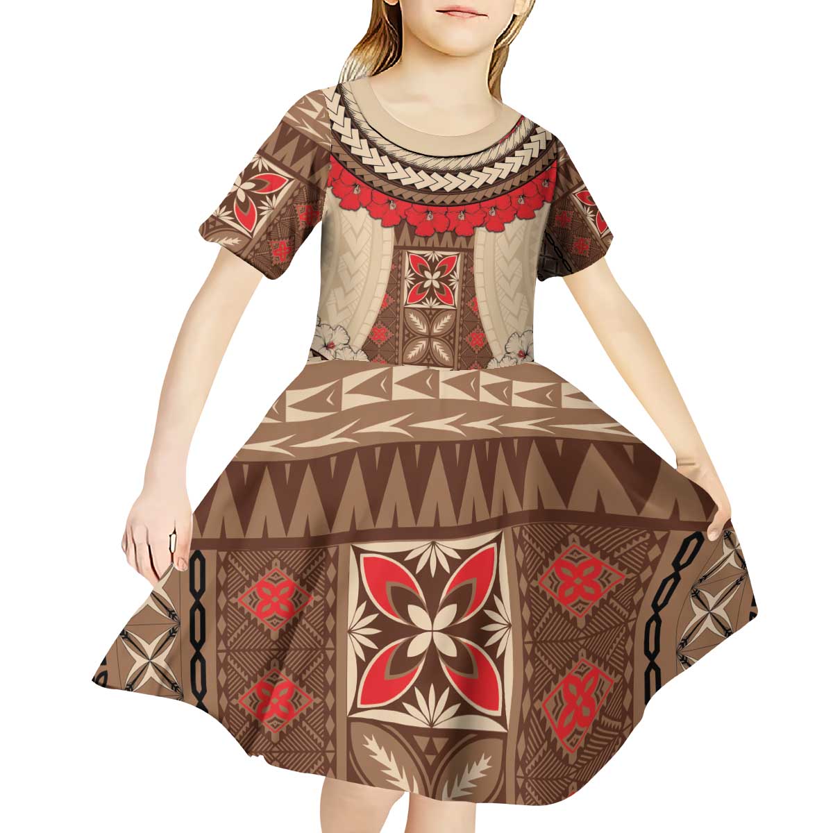 Samoa Language Week Kid Short Sleeve Dress Samoan Motif With Red Hibiscus
