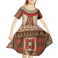 Samoa Language Week Kid Short Sleeve Dress Samoan Motif With Red Hibiscus