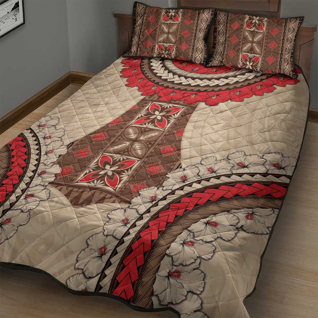 Samoa Language Week Quilt Bed Set Samoan Motif With Red Hibiscus