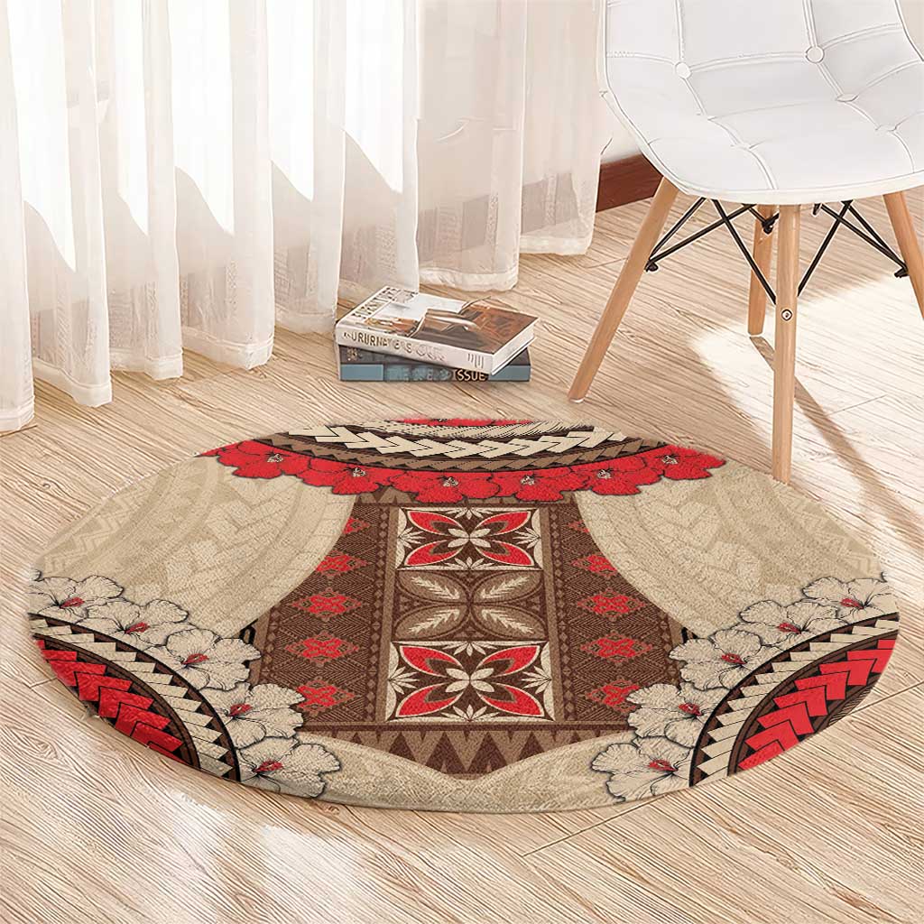 Samoa Language Week Round Carpet Samoan Motif With Red Hibiscus