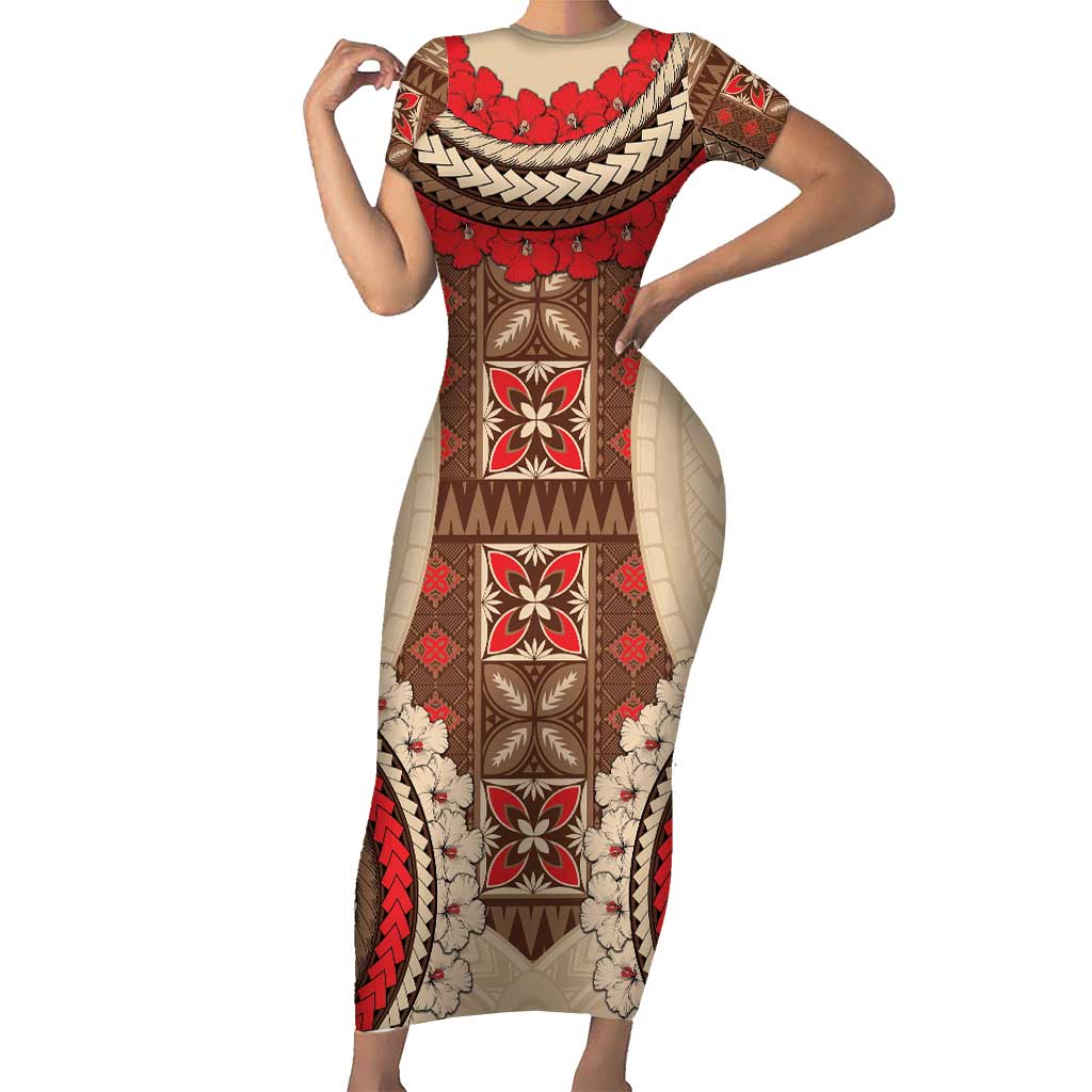 Samoa Language Week Short Sleeve Bodycon Dress Samoan Motif With Red Hibiscus