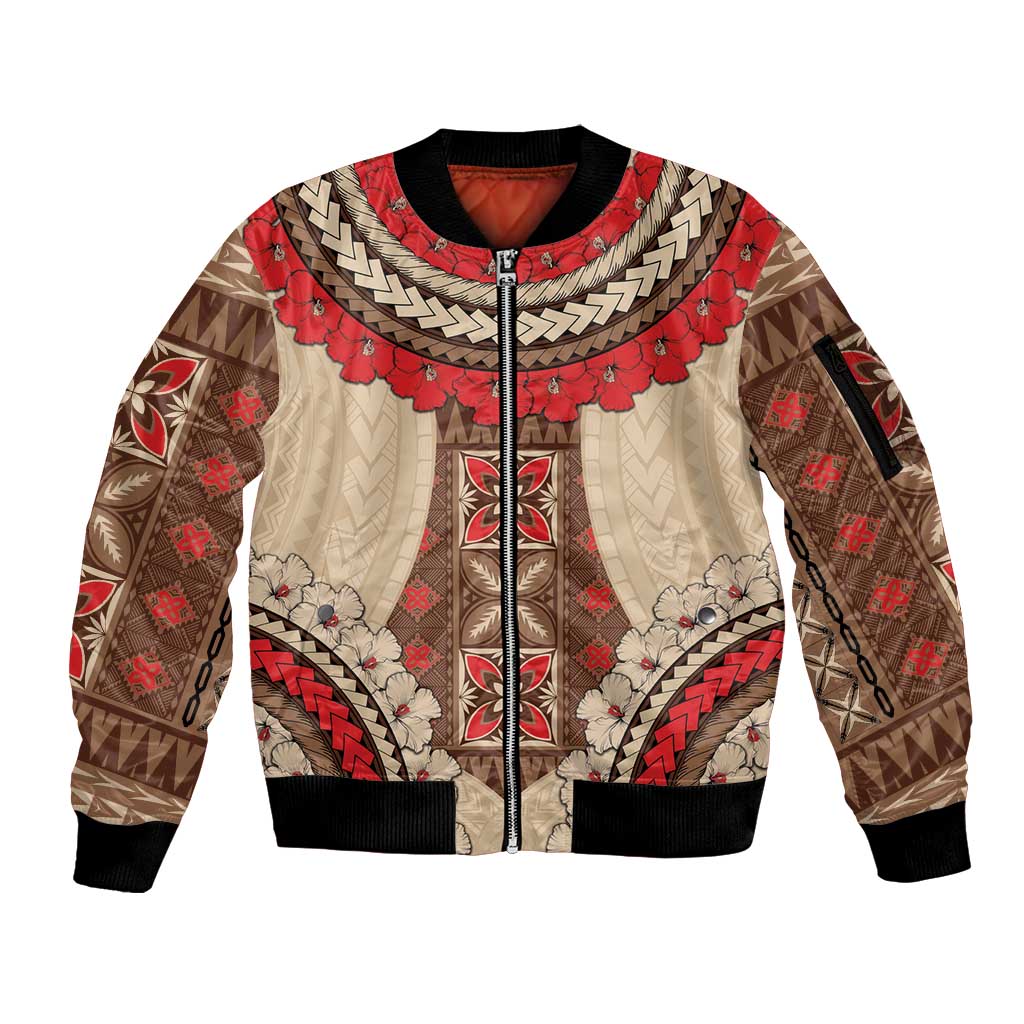 Samoa Language Week Sleeve Zip Bomber Jacket Samoan Motif With Red Hibiscus