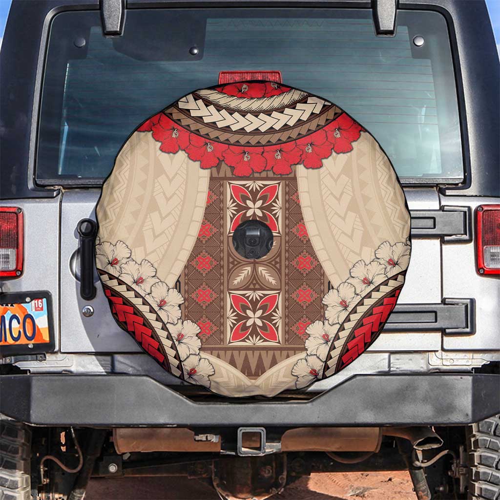 Samoa Language Week Spare Tire Cover Samoan Motif With Red Hibiscus