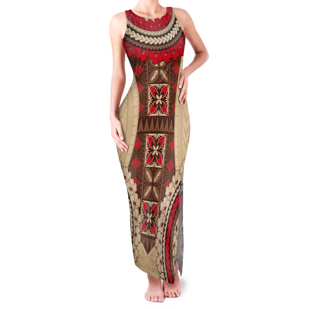 Samoa Language Week Tank Maxi Dress Samoan Motif With Red Hibiscus