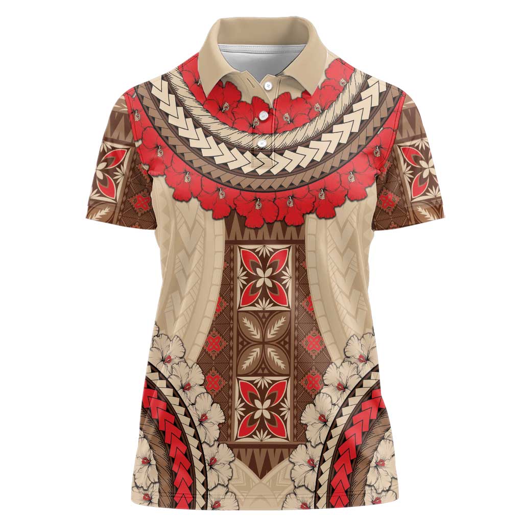 Samoa Language Week Women Polo Shirt Samoan Motif With Red Hibiscus