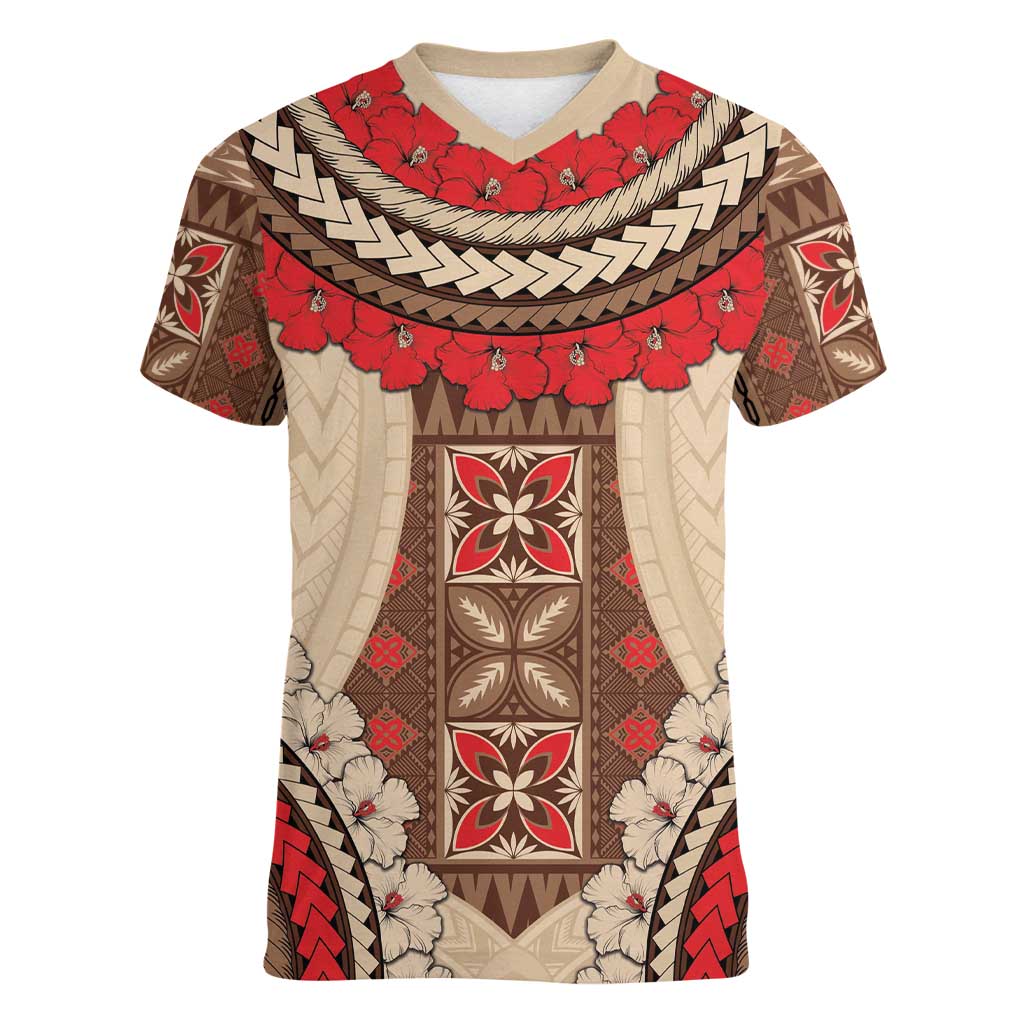 Samoa Language Week Women V-Neck T-Shirt Samoan Motif With Red Hibiscus