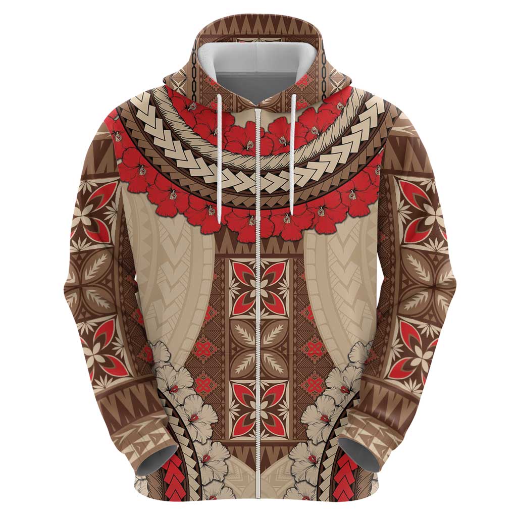 Samoa Language Week Zip Hoodie Samoan Motif With Red Hibiscus
