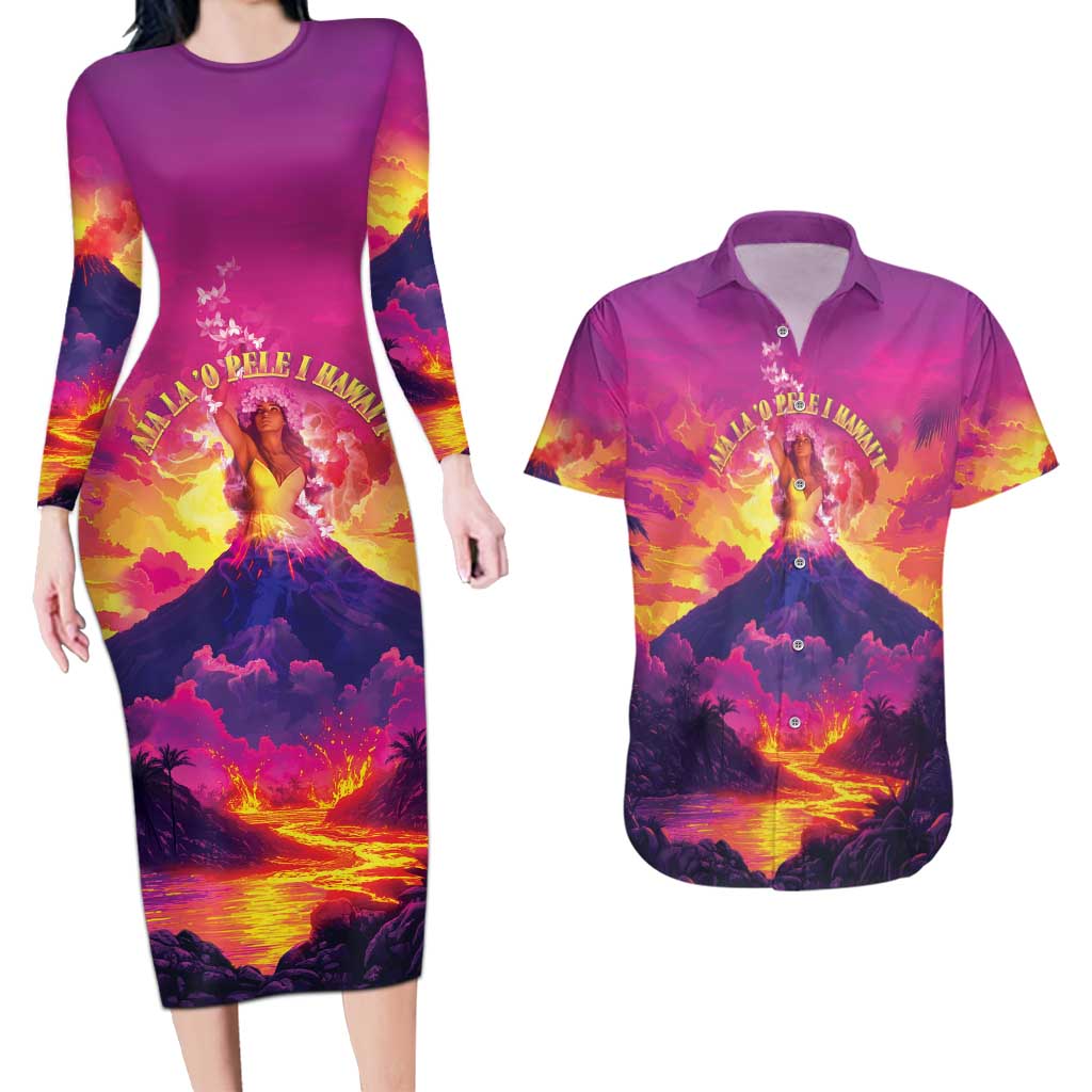 Hawaii Kilauea Volcano Couples Matching Long Sleeve Bodycon Dress and Hawaiian Shirt There Is Pele Goddess Of The Volcano LT05 Purple - Polynesian Pride