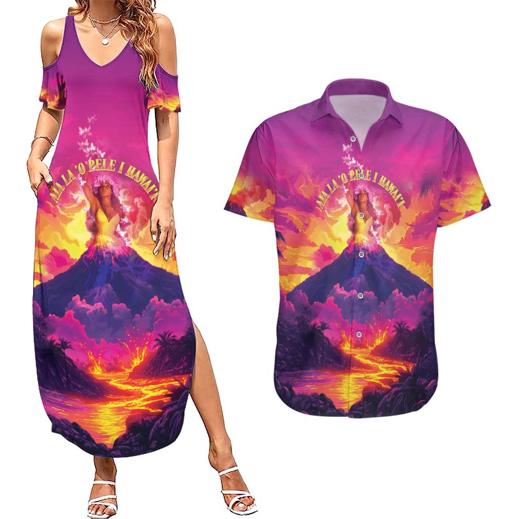 Hawaii Kilauea Volcano Couples Matching Summer Maxi Dress and Hawaiian Shirt There Is Pele Goddess Of The Volcano LT05 Purple - Polynesian Pride