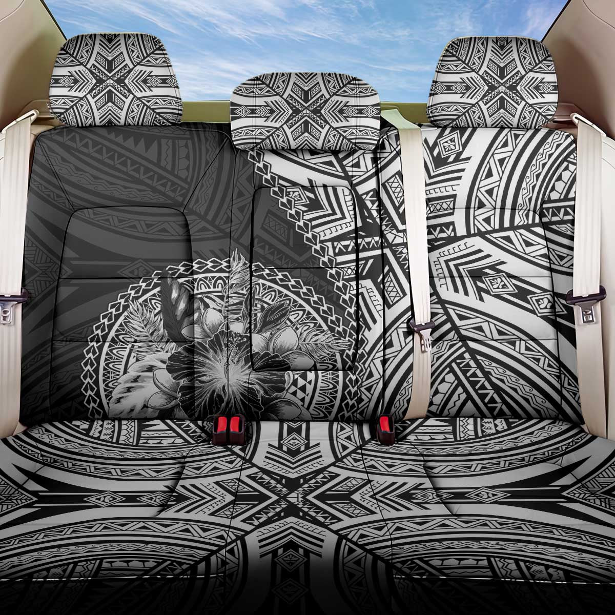 Hibiscus With Black Austronesian Tattoo Pattern Back Car Seat Cover - Polynesian Pride
