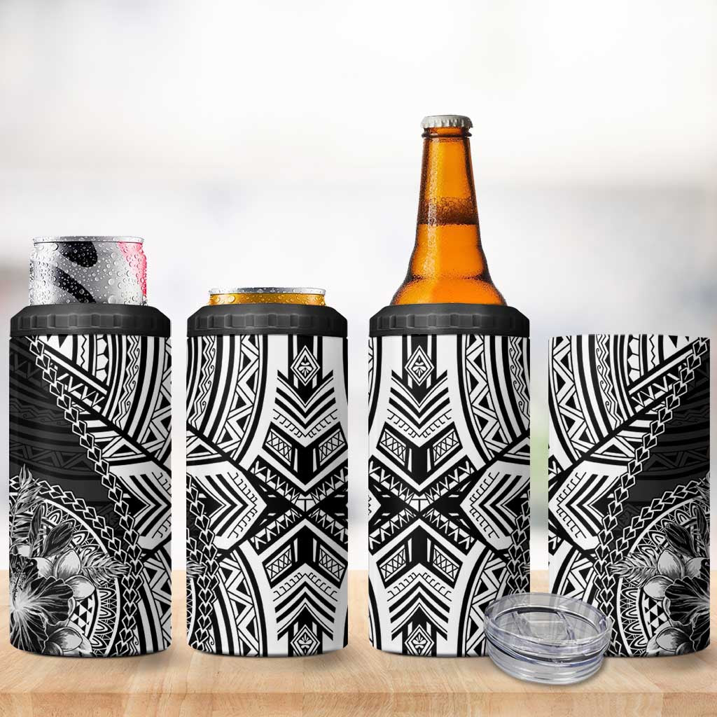 Hibiscus With Black Austronesian Tattoo Pattern 4 in 1 Can Cooler Tumbler LT05 - Polynesian Pride