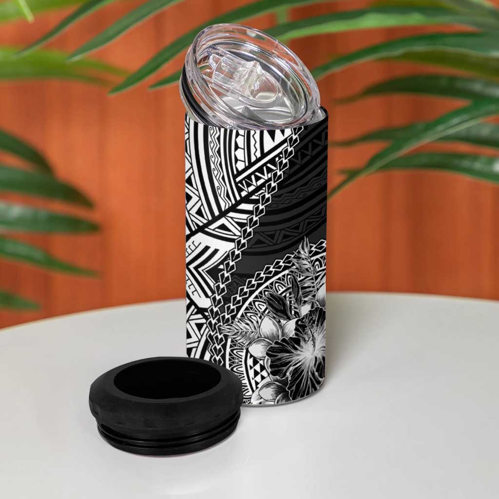 Hibiscus With Black Austronesian Tattoo Pattern 4 in 1 Can Cooler Tumbler LT05 - Polynesian Pride