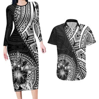Hibiscus With Black Austronesian Tattoo Pattern Couples Matching Long Sleeve Bodycon Dress and Hawaiian Shirt - Polynesian Pride