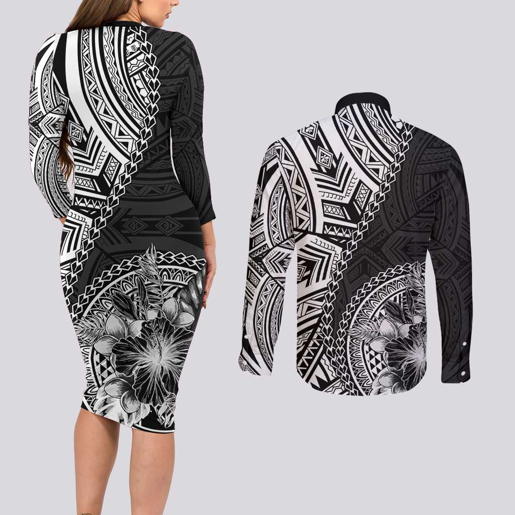 Hibiscus With Black Austronesian Tattoo Pattern Couples Matching Long Sleeve Bodycon Dress and Long Sleeve Button Shirt LT05 - Polynesian Pride