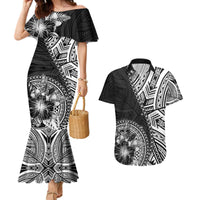 Hibiscus With Black Austronesian Tattoo Pattern Couples Matching Mermaid Dress and Hawaiian Shirt - Polynesian Pride