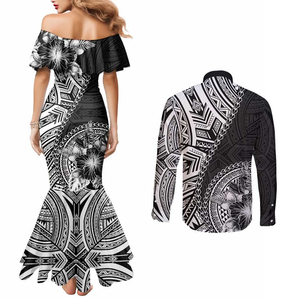 Hibiscus With Black Austronesian Tattoo Pattern Couples Matching Mermaid Dress and Long Sleeve Button Shirt LT05 - Polynesian Pride