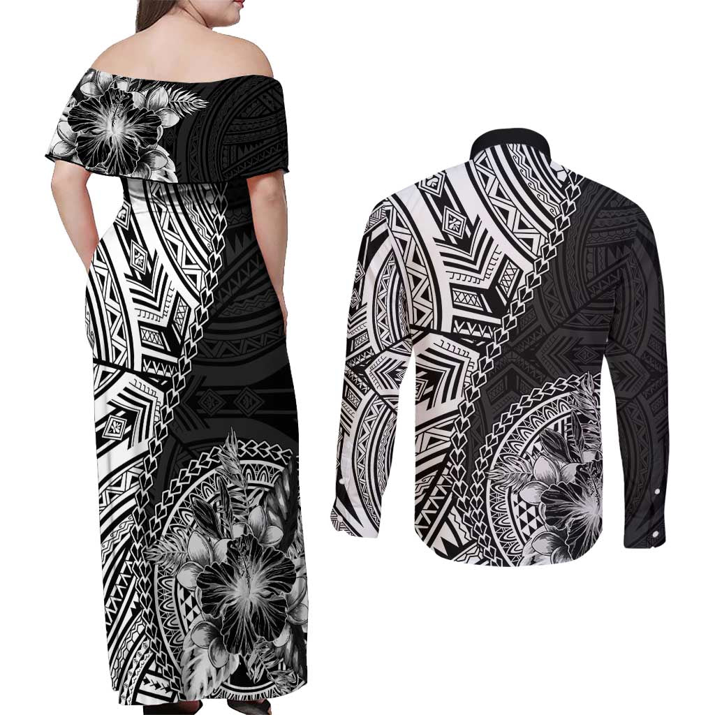 Hibiscus With Black Austronesian Tattoo Pattern Couples Matching Off Shoulder Maxi Dress and Long Sleeve Button Shirt LT05 - Polynesian Pride