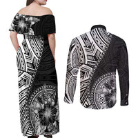 Hibiscus With Black Austronesian Tattoo Pattern Couples Matching Off Shoulder Maxi Dress and Long Sleeve Button Shirt LT05 - Polynesian Pride