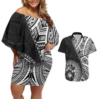 Hibiscus With Black Austronesian Tattoo Pattern Couples Matching Off Shoulder Short Dress and Hawaiian Shirt - Polynesian Pride