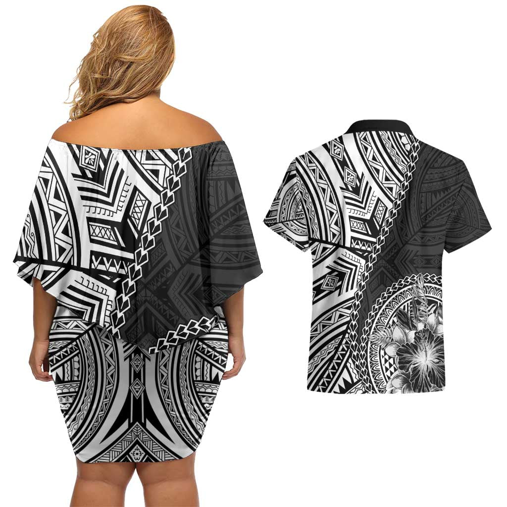 Hibiscus With Black Austronesian Tattoo Pattern Couples Matching Off Shoulder Short Dress and Hawaiian Shirt - Polynesian Pride