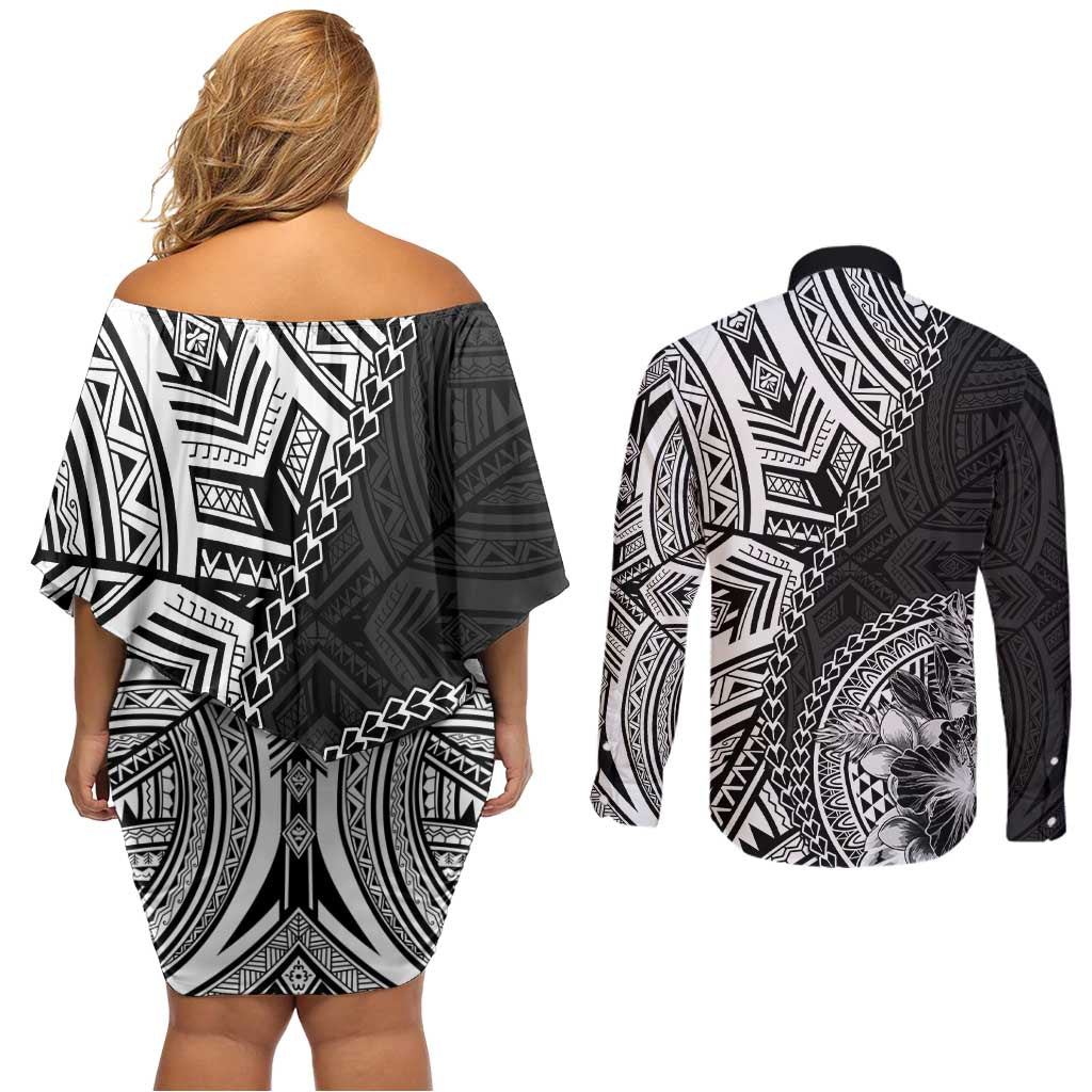 Hibiscus With Black Austronesian Tattoo Pattern Couples Matching Off Shoulder Short Dress and Long Sleeve Button Shirt LT05 - Polynesian Pride