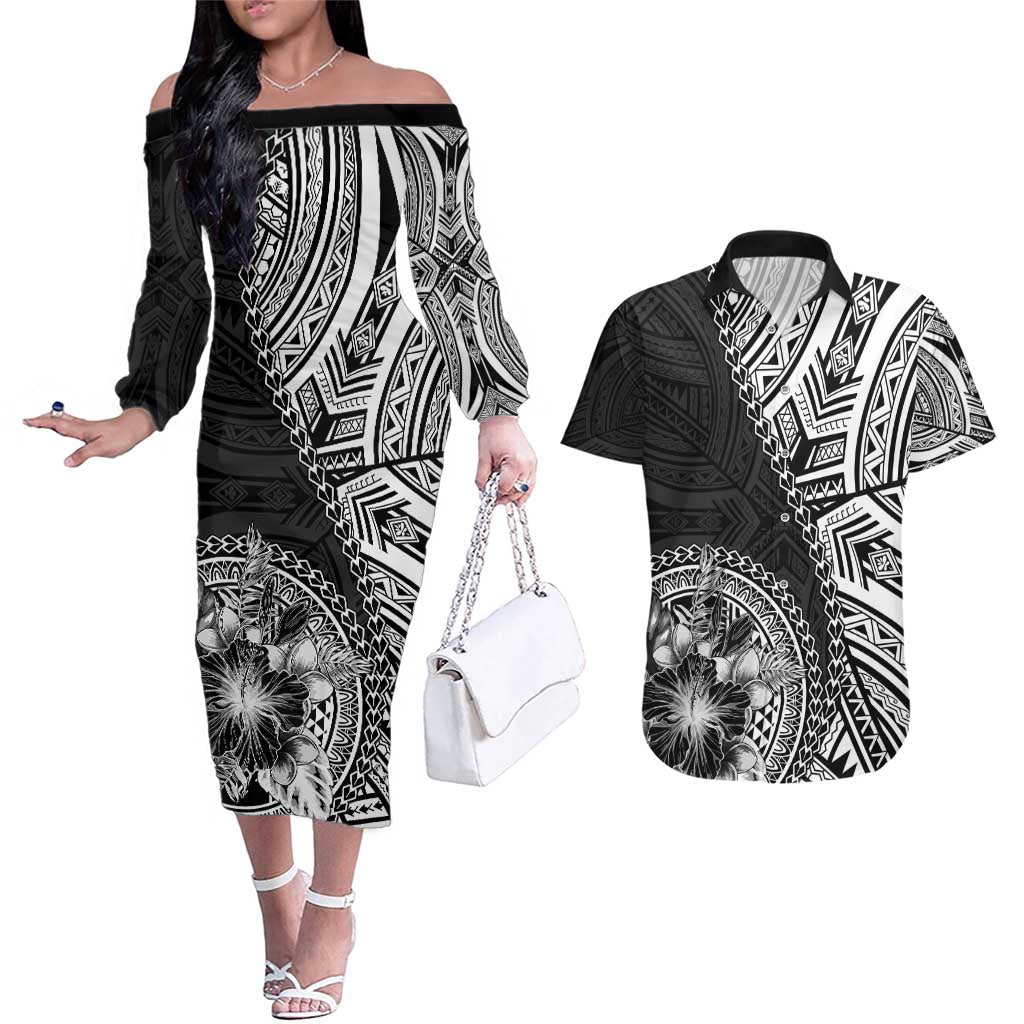 Hibiscus With Black Austronesian Tattoo Pattern Couples Matching Off The Shoulder Long Sleeve Dress and Hawaiian Shirt - Polynesian Pride